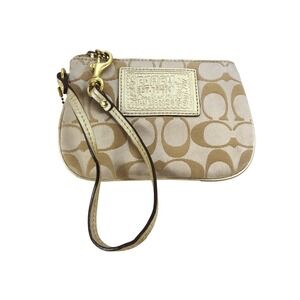 Coach Poppy Signature C Khaki Canvas Wristlet Metallic Gold Leather Trim Pouch